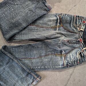 Y2K Vintage Low Rise Distressed Blue Jeans with Colorful Stitching